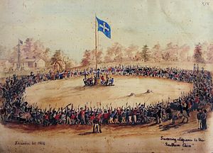 Bakery Hill on December 1, 1854: Swearing Allegiance to the "Southern Cross" by Charles Doudiet. Doudiet Swearing allegiance to the Southern Cross.jpg