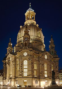 Frauenkirche (Church of Our Lady, opened in 2005) in Dresden, Germany, reconstructed after its destruction during World War II. Dresden-Frauenkirche-night.jpg