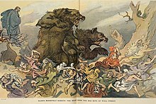 A Puck magazine cartoon from 1907 depicting two large bears named "Interstate Commerce Commission" and "Federal Courts" attacking Wall Street. Elisha Roosevelt sicketh the bears upon the bad boys of Wall Street.jpg
