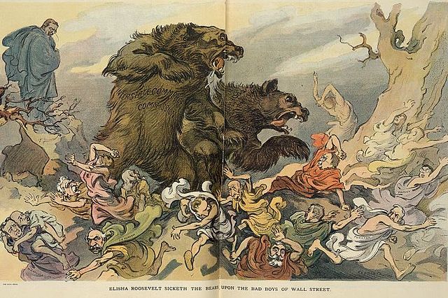 A Puck magazine cartoon from 1907 depicting two large bears named "Interstate Commerce Commission" and "Federal Courts" attacking Wall Street.