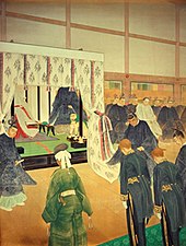 Emperor Meiji receives Dutch Minister-Resident Dirk de Graeff van Polsbroek in 1868. Emperor Receives Foreign Ministers by Hiroshima Koho (Meiji Memorial Picture Gallery).jpg