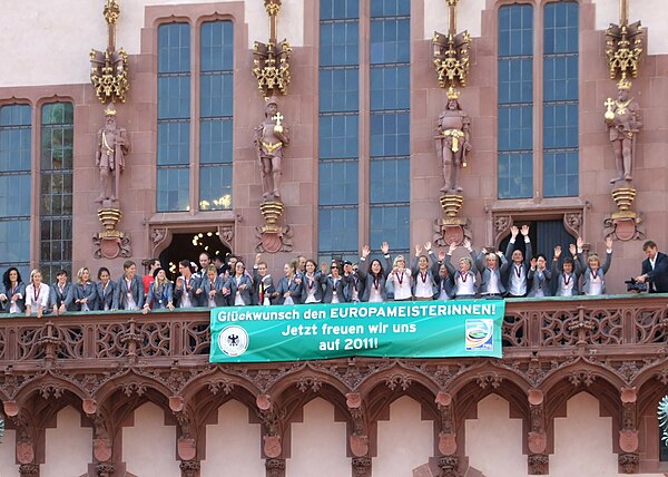 Reception of Germany women's national football team, after winning the 2009 UEFA Women's Championship, on the balcony of Frankfurt's city hall "Römer"