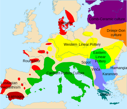 Neolithic Europe (c. 4500–4000 BC ): Silesia is part of the Danubian culture (yellow).
