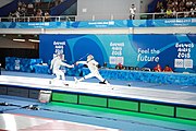 Deutsch: Fechten bei den Olympischen Jugend-Sommerspielen 2018: Tag 1, 7. Oktober 2018, Jungen, Säbel, Kampf um Bronze - Mazen Elaraby (EGY) - Robert Vidovszky (USA) 15:10 English: Fencing at the 2018 Summer Youth Olympics at 7 October 2018 – Boys' sabre Bronze medal match – Mazen Elaraby (EGY) Vs Robert Vidovszky (USA) 15:10