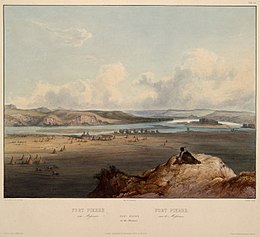 Fort Pierre on the Missouri. Painting by Karl Bodmer, who visited the fort in 1833. View from the plains. Fort Pierre on the Missouri. Painted by Karl Bodmer, who visited the fort in 1833.jpg
