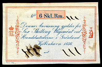 Greenland, 6 skilling rigsmont (1856), the only year this denomination was used. Unsigned remainder. GRE-A33-Gronland (Greenland)-6 skilling rigsmont (1856).jpg