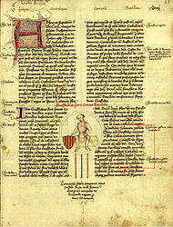 Genealogia regum Navarrae et Aragoniae et comitum Barchinonae (1376) La miniatura representa el pare de Guifré el Pilós amb el seu escut d'armes, d'or quatre pals de gules.