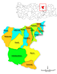 Mapa dos distritos da província de Giresun