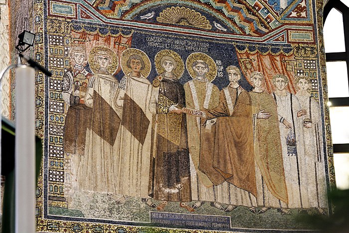 Mosaic of Constantine IV (center) with his co-emperors Heraclius, Tiberius and Justinian II to his right.