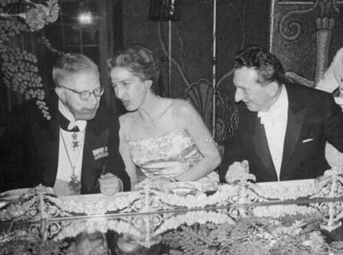 Prokhorov with King Gustaf VI Adolf and wife of Townes at the Nobel Prize banquet in 1964