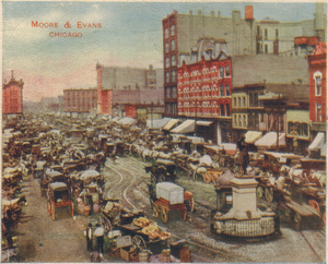 The original monument as seen in the busy Haymarket Square, circa 1905 Haymarket Square, Chicago Circa 1905 (front) (cropped).png