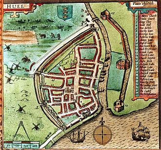 John Speed's 1611 map of Hull, depicting the castle and blockhouses (right) Hull. 1611 John Speed in The Theatre of the Empire of Great Britaine.jpg