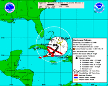 The NHC's forecast track of Hurricane Paloma and associated watches/warnings at 15:00 UTC on November 8 Hurricane Paloma Advisory 13 forecast and warnings.GIF