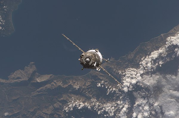 Soyuz TMA-11 spacecraft approaches the International Space Station.