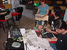 Indymedia collective at Mato Grosso Federal University in Cuiaba, Brazil, hosting a free radio broadcast in 2004 Indymedia Cuiaba.jpg