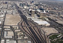 2015 view of the Allegiant Stadium site, next to Mandalay Bay and Interstate 15 Interstate 15 and the Las Vegas Strip, Las Vegas, Nevada.jpg