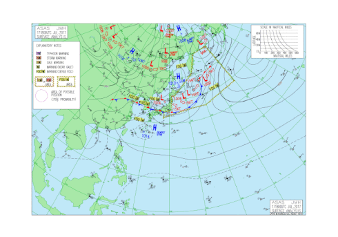 7月18日3時から30日9時にかけての6時間毎のアジア天気図。21日9時（UTC 21日0時）に台風5号（NORU）が発生して以降、台風（紫色の×表示）や熱帯低気圧（TDと表記）が相次いで発生している。同時に太平洋高気圧が衰退していくのも分かる。