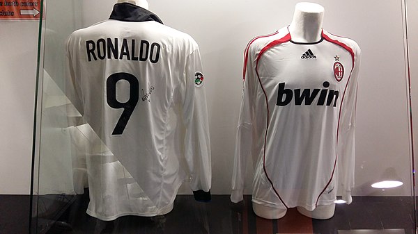 Ronaldo's Inter Milan away jersey (left) and AC Milan away jersey (right) in the San Siro museum. He played for Inter from 1997 to 2002, and AC Milan 