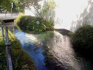 The confluence of the Kessel-Ach (left) and the Zwiefalter Aach (right)