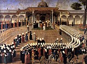 Sultan Selim III holding an audience in front of the Gate of Felicity in the Second Courtyard. Courtiers are assembled in a strict protocol