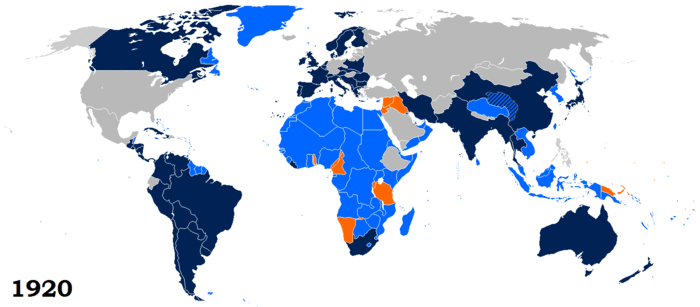 A map of the world in 1920–45, which shows the League of Nations members during its history
