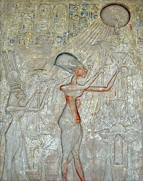 Akhenaten and his family adoring the Aten. Second from the left is Meritaten, daughter of Akhenaten.