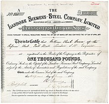 Aktie der Landore Siemens-Steel Company über 1.000 £, ausgegeben am 22. Januar 1883, im Original unterschrieben von Carl Wilhelm Siemens