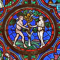 Detail of a stained glass window (XIIth century) in Saint-Julien cathedral - Le Mans, France.