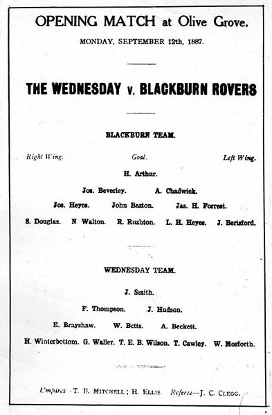 Program for an 1887 game between Blackburn Rovers and Sheffield Wednesday. The players of both teams are arranged in 2–3–5 formation.