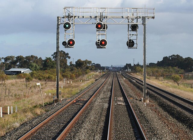 Modern LED railway signals at Lara, Victoria.