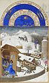 The month of February in the Limburg Brothers' Très Riches Heures du Duc de Berry, a painting dated 1416, showing a dovecote