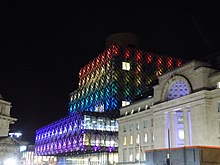 The Library of Birmingham was lit into different colours to celebrate the winning of the 2022 Commonwealth Games Library of Birmingham celebrates winning the Commonwealth Games 2022 (24354176257).jpg