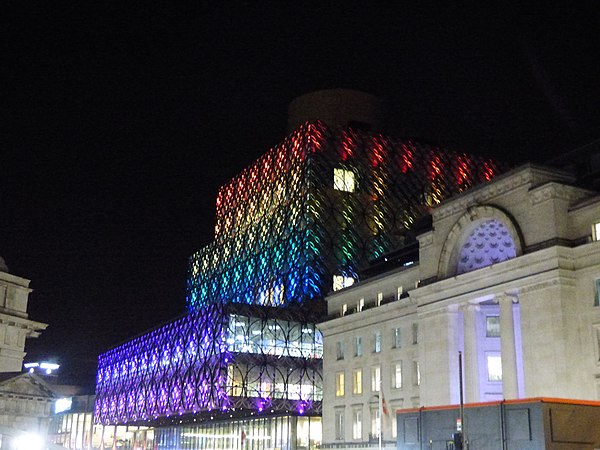 The Library of Birmingham was lit into different colours to celebrate the winning of the 2022 Commonwealth Games