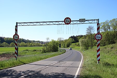 Calibration bridge in Germany, used to indicate the maximum height of vehicles on approaching a railway bridge