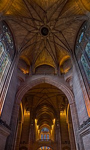 The interior of the cathedral, looking up into the vault below the central belltower. Liverpool Anglican Cathedral ceiling, Liverpool, UK - Diliff.jpg