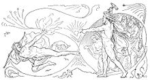 Thor raises his hammer as Loki leaves AEgir
's hall, by Frolich
(1895) Loki leaves the hall and threatens the AEsir with fire by Frolich.jpg
