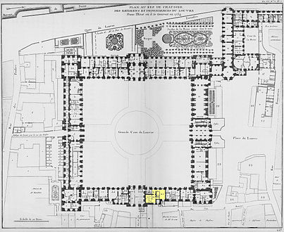 Louvre ground-floor plan of 1754 showing the Académie rooms (yellow), located in the north wing (bottom)