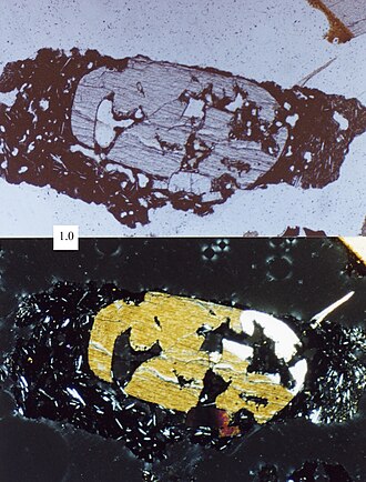 A sand grain that would be classified as a rock fragment. In this case, the rock fragment would be a volcanic rock fragment. Scale box in millimeters, plane-polarized light on top, cross-polarized light on bottom. LvMS-Lvl&Lvsm.jpg