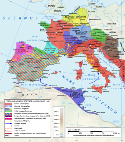 During his four-year reign Majorian reconquered most of Hispania and southern Gaul, meanwhile reducing the Visigoths, Burgundians and Suevi to federate status. MajorianEmpire.png