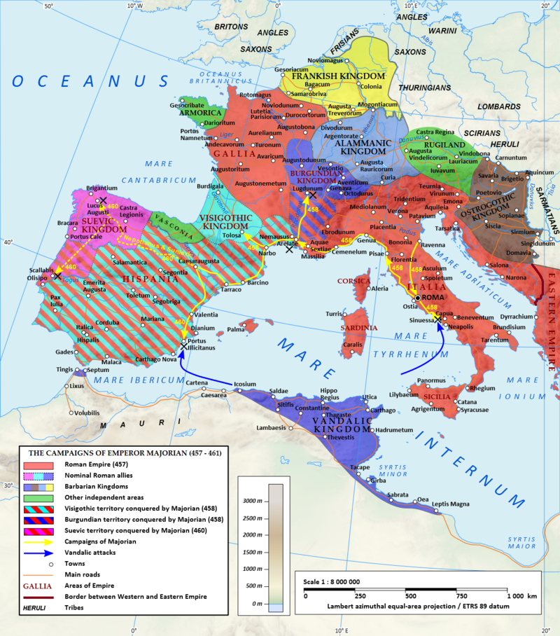 During his four-year reign Majorian reconquered most of Hispania and southern Gaul, meanwhile reducing the Visigoths, Burgundians and Suevi to federate status.