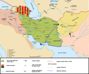 Карта Ирана при династии Каджаров в XIX веке. Отмеченная штрихами область — территории, отошедшие России согласно Гюлистанского (1813) и Туркманчайского (1828) договоров.