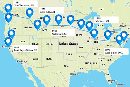 The approximate route that John Francis walked on his pilgrimage across the United States (1983-1990). Map of John Francis's Journey.jpg