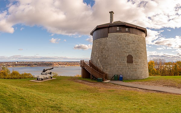 A Martello tower on the plains of Abraham in Quebec City (Quebec, Canada), at the top of Cap Diamant overlooking the Saint Lawrence River.