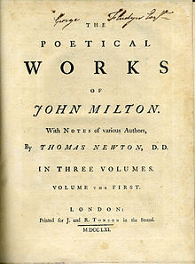 Title page of a 1752–1761 edition of The Poetical Works of John Milton with Notes of Various Authors by Thomas Newton printed by J. & R. Tonson in the Strand