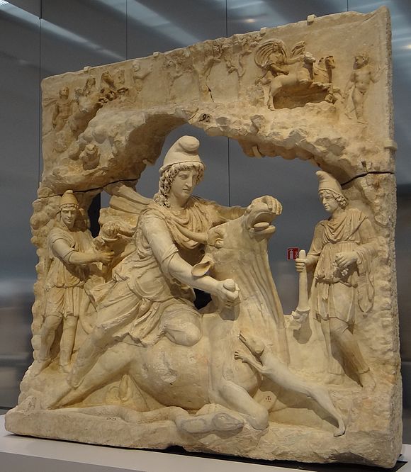 Ancient Roman tauroctony dating to the third century AD, depicting Mithras slaying the bull, the most important story of the Mithraic Cult[107][108][109]