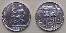 Última moneda de una peseta acuñada en plata (5 gramos), Madrid, 1933, Segunda República Española. Se pusieron en circulación 2 millones de estas monedas.[13]