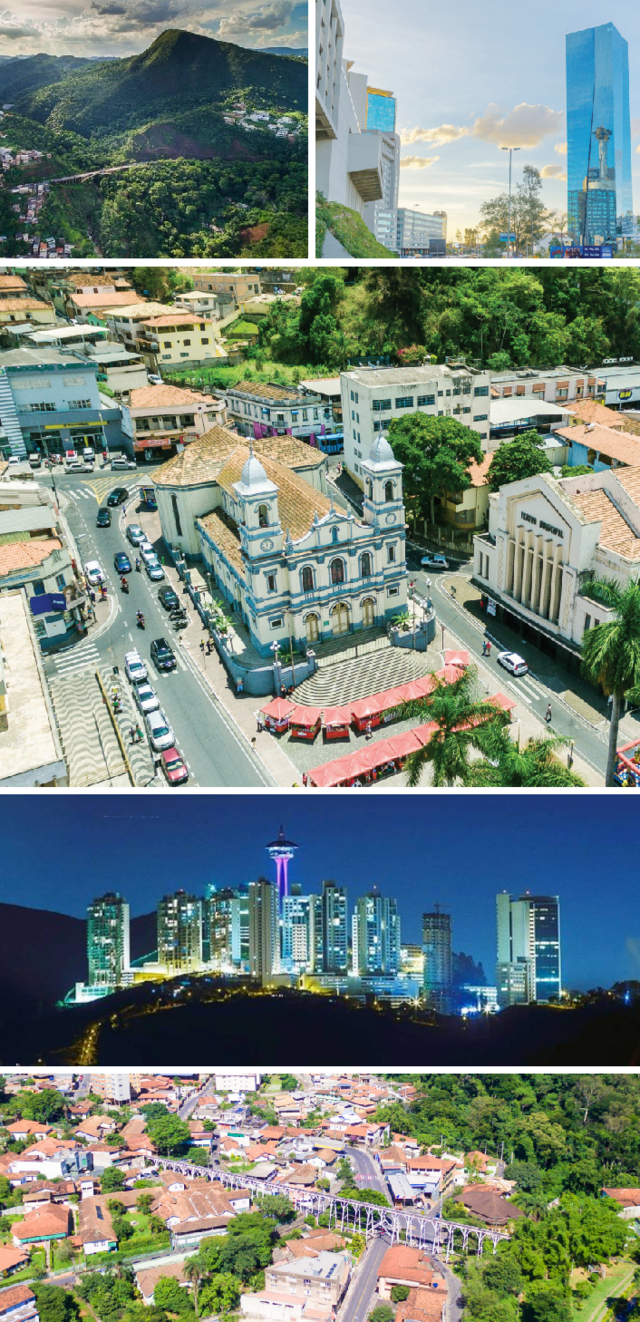 Do topo, da esquerda para a direita: O Morro do Elefante, o Concórdia Corporate, o maior edifício em estrutura metálica do Brasil, a Igreja Matriz de Nossa Senhora do Pilar e o Teatro Municipal, a Torre Piemonte com os edifícios do bairro Vila da Serra ao redor e o Bicame, famoso ponto turístico na sede da cidade.