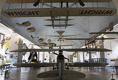 Early flying machines with the Wright brothers first 1902 Kitty Hawk biplane flyer, Deutsches Museum, Munich, Germany