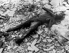 Partially incinerated child in Nagasaki. Photo from Japanese photographer Yosuke Yamahata, one day after the blast and building fires had subsided. Once the American forces had Japan under their military control, they imposed censorship on all such images including those from the conventional bombing of Tokyo; this prevented the distribution of Yamahata's photographs. These restrictions were lifted in 1952. Nagasaki - person burned.jpg