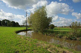 Die Aurach zwischen Niederndorf (Herzogenaurach) und Neuses (Erlangen). Blick flussaufwärts ungefähr nach Westen.